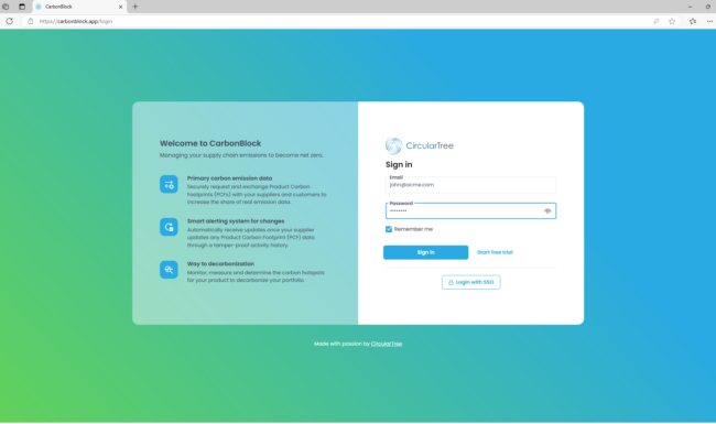 Screenshot of the CarbonBlock sign-in page, featuring user authentication fields and a secure login interface for accessing Product Carbon Footprint (PCF) management tool