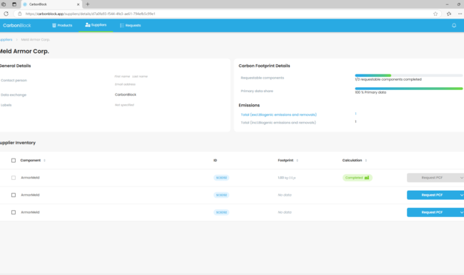 Screenshot of the Supplier Detail page in CarbonBlock, displaying detailed PCF data shared by a specific supplier