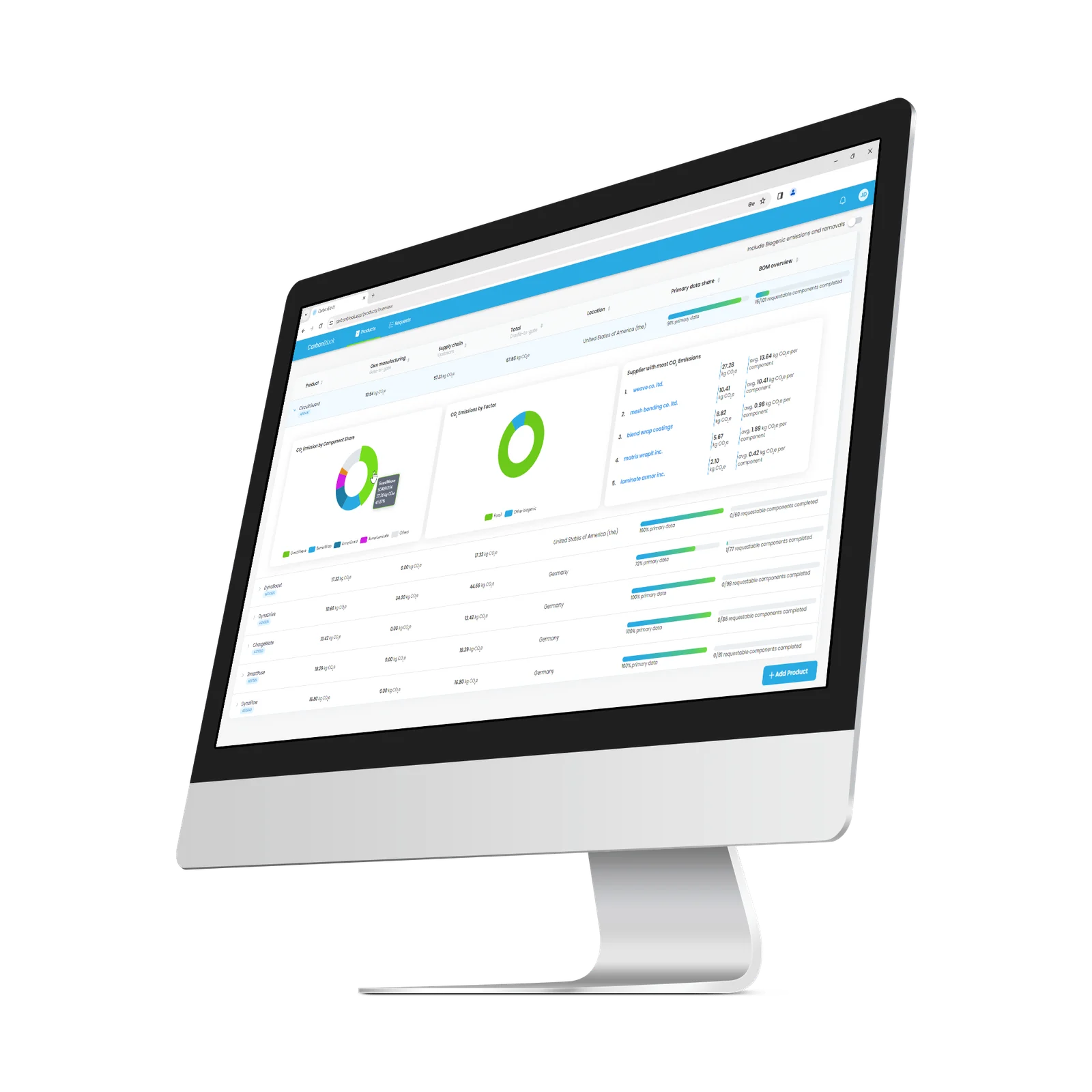 Hero image for the CircularTree website, featuring a screenshot of the CarbonBlock interface within a device frame, representing CircularTree's sustainability solution