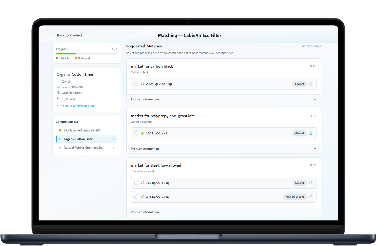 arbonMatch software for automated emission factor matching and carbon footprint component management, displayed on a laptop screen.