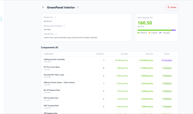 Product detail view in CarbonMatch PCF software showing product information, total product carbon footprint, and a component list with individual PCF values, quantities, and matching status.