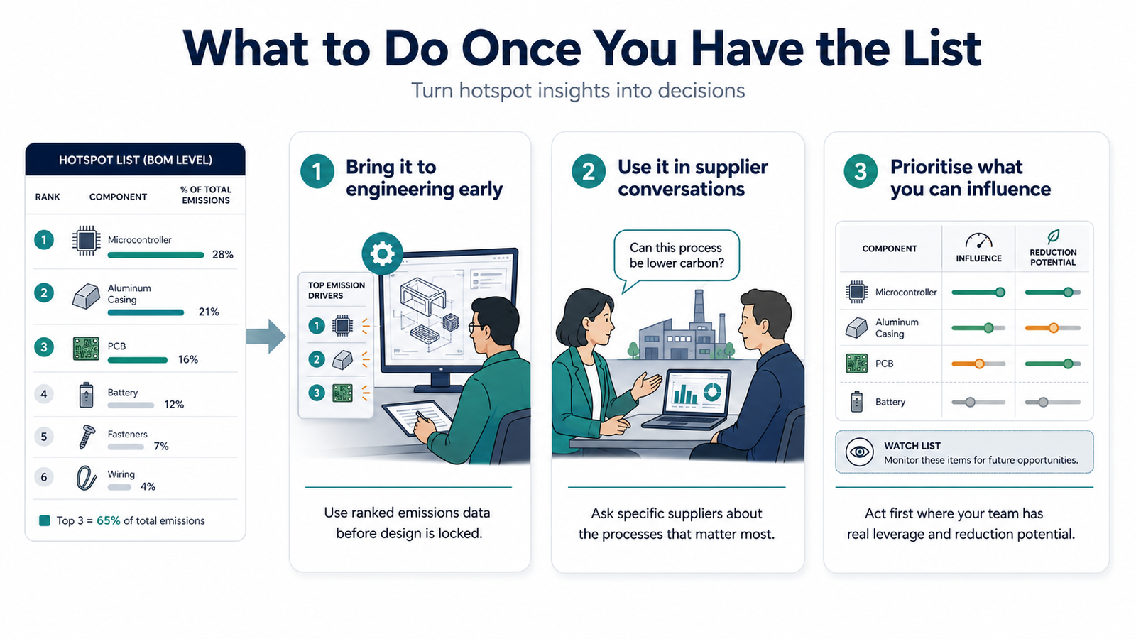 Infographic showing how to act on a BOM-level hotspot list by bringing it to engineering early, using it in supplier conversations, and prioritising hotspots based on influence and reduction potential.